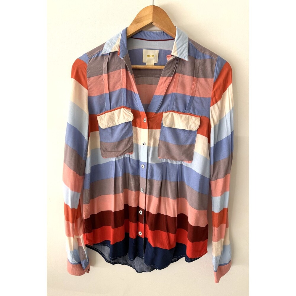 Anthropologie Maeve Top Womens 4 Wynwood Striped Button Front Long Sleeve Shirt